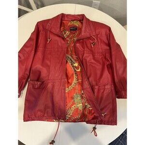 Vintage Pelle New York Milano Red Leather Jacket Sz L Gold Chain Baroque Lining